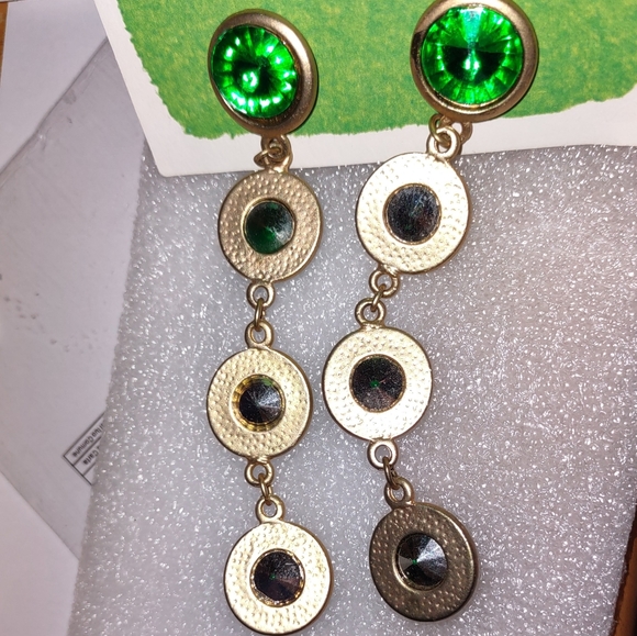 Green Rhinestone Dangle Vintage Earrings - Picture 11 of 14
